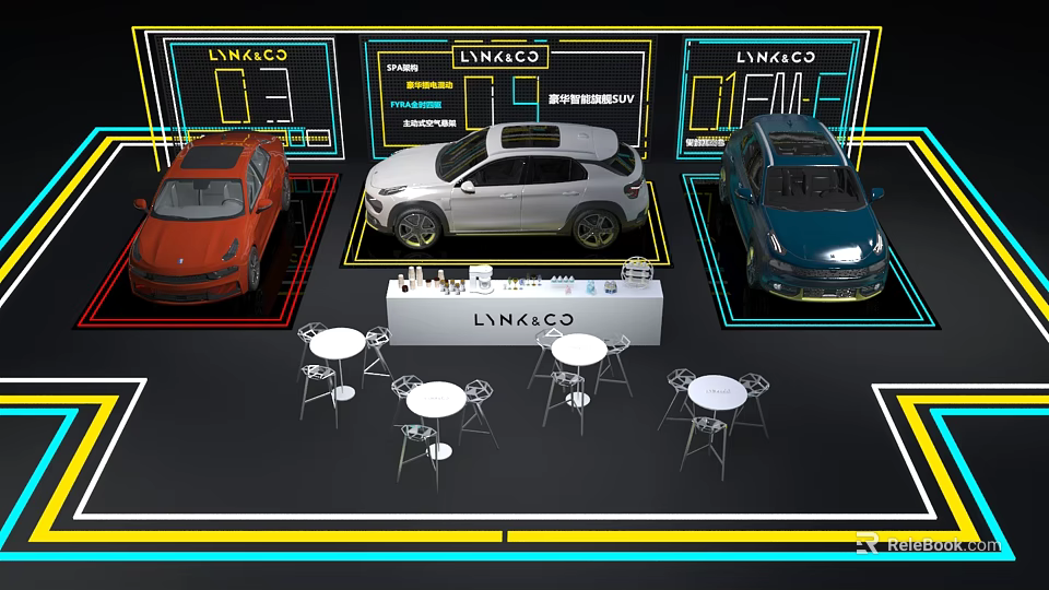 Modern Lynk & Co Car Showroom Featuring Three Vehicles Display Stand And Seating Tables 3d model 