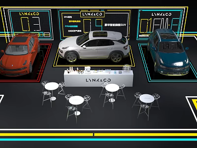 Modern Lynk & Co Car Showroom Featuring Three Vehicles Display Stand And Seating Tables 3d model
