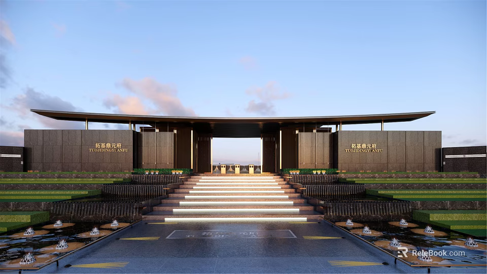 Modern Entrance Gate With Steps Lawn Lighting And Clear Blue Sky 3d model 