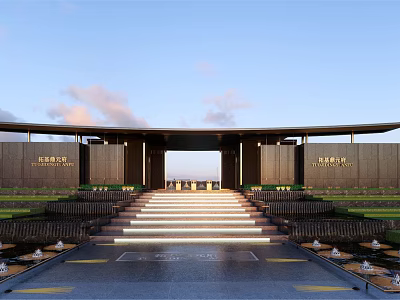 Modern Entrance Gate With Steps Lawn Lighting And Clear Blue Sky 3d model