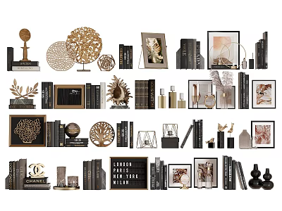 Modern Luxury Decorative Ornament Set with Books Picture Frames and Metallic Sculptures for Living Room 3d model