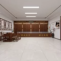 Traditional Chinese Medicine Clinic Interior With Wooden Medicine Cabinets Drawers And Ancient Preparation Inscriptions