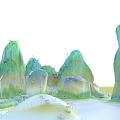 Ancient Scenery With Lush Green Mountains Flowing Water Stone Bridges And Traditional Pavilions