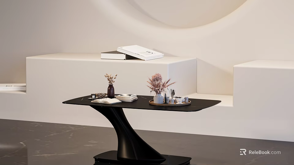 Modern Black Coffee Table With Curved Base And Tray Vase Flowers In Minimalist Interior 3d model 