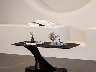 Modern Black Coffee Table With Curved Base And Tray Vase Flowers In Minimalist Interior 3d model