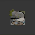 Cartoon Scene Featuring Old Boat With Chimney Small House Trees Tunnel Water And Grass