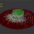 Scenic View Of Colosseum Like Structure On Red Circular Surface With Scattered Debris