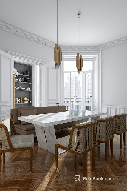 Marble Dining Table Set With Woven Chairs And Wooden Pendant Lights In Bright Windowed Room 3d model 