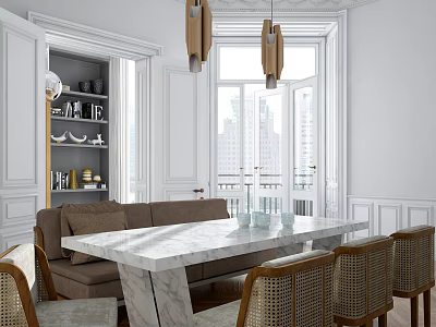 Marble Dining Table Set With Woven Chairs And Wooden Pendant Lights In Bright Windowed Room 3d model