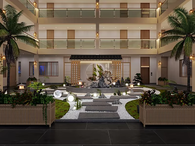 Chinese Style Lobby Courtyard Design With Rockery Plants Stone Paths And Palm Trees 3d model