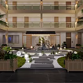 Chinese Style Lobby Courtyard Design With Rockery Plants Stone Paths And Palm Trees