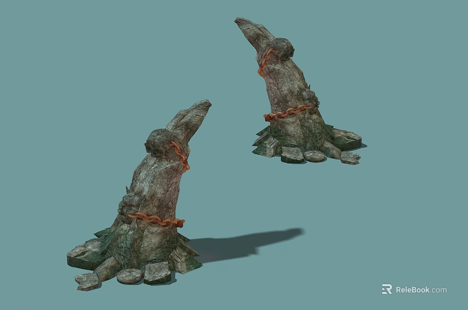 Two Stone Wood Structures With Tree Roots Bound By Red Chains 3d model 