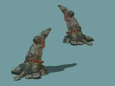 Two Stone Wood Structures With Tree Roots Bound By Red Chains 3d model