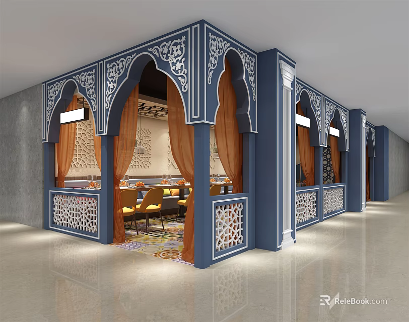 Arabian Style Restaurant Interior With Arched Doorways Blue Carved Decorations And Brown Curtains 3d model 