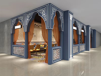 Arabian Style Restaurant Interior With Arched Doorways Blue Carved Decorations And Brown Curtains 3d model