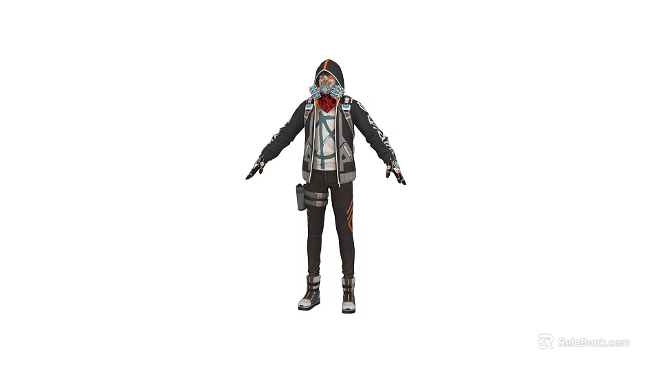 Man Wearing Tactical Hooded Jacket With Goggles Utility Belt And Multiple Pockets Apparel Design 3d model 