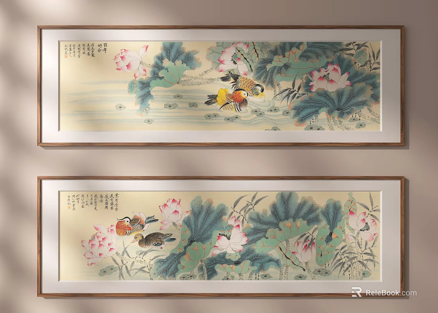 Traditional Chinese Botanical Paintings With Lotus Flowers And Mandarin Ducks In Framed Art 3d model 