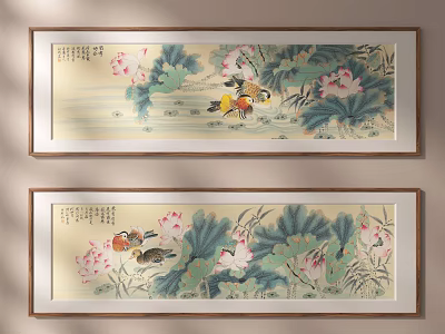 Traditional Chinese Botanical Paintings With Lotus Flowers And Mandarin Ducks In Framed Art 3d model