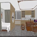 Elegant Chinese Modern Room Interior Featuring Bed Screen Wooden Desk And Decorative Elements 3d model