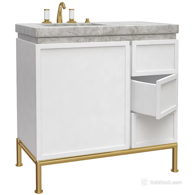 Modern White Bathroom Vanity With Gold Metal Legs Marble Countertop And Drawer Cabinet 3d model 