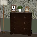 Silver Entryway Cabinet Side Cabinet With Floral Wallpaper Floor Lamp Potted Plant And Wooden Floor