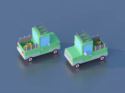 Two Small Green Toy Trucks With Ladders And Cargo Beds 3d model