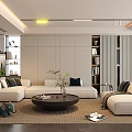 Modern Living Room Interior With Beige Sofa TV Wall Fireplace Green Plants And Coffee Table