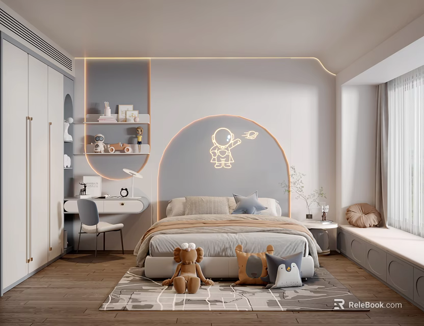 Kids Bedroom Interior With Bed Stuffed Toys Desk Shelf And Wall Decor 3d model 