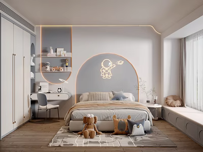 Kids Bedroom Interior With Bed Stuffed Toys Desk Shelf And Wall Decor 3d model