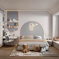 Kids Bedroom Interior With Bed Stuffed Toys Desk Shelf And Wall Decor