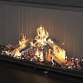 Modern Interior Marble Fireplace With Burning Fire Wood Logs And Fireplace Tools 3d model
