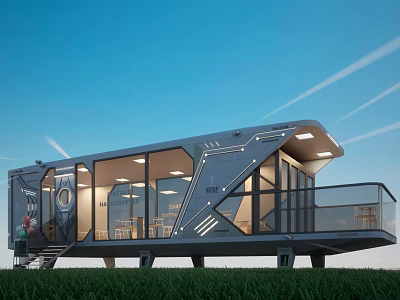 Modern Detached Villa With Large Glass Windows Lawn Area And Balcony 3d model