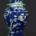 Decorative Ornament Set Featuring Blue And White Vase With Plum Blossom Pattern On White Shelf