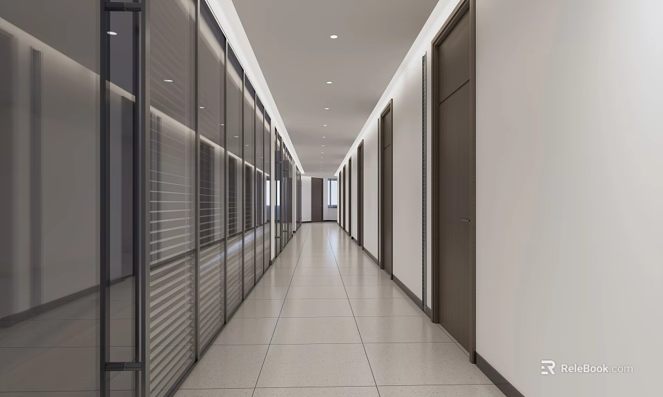 Modern Elevator Hallway Interior With Long Corridor Tiled Floor And Ceiling Lights 3d model