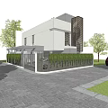 Modern Detached Villa Featuring White Exterior Geometric Design Greenery Fence And Surrounding Trees