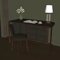 Dark Wooden Desk With Leather Chair Open Book Table Lamp And White Flowers Vase