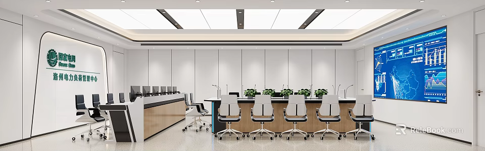 Modern Conference Room Interior With Long Table Chairs Green Plants And Computers 3d model 