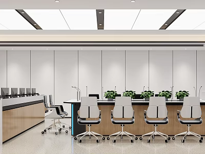 Modern Conference Room Interior With Long Table Chairs Green Plants And Computers 3d model