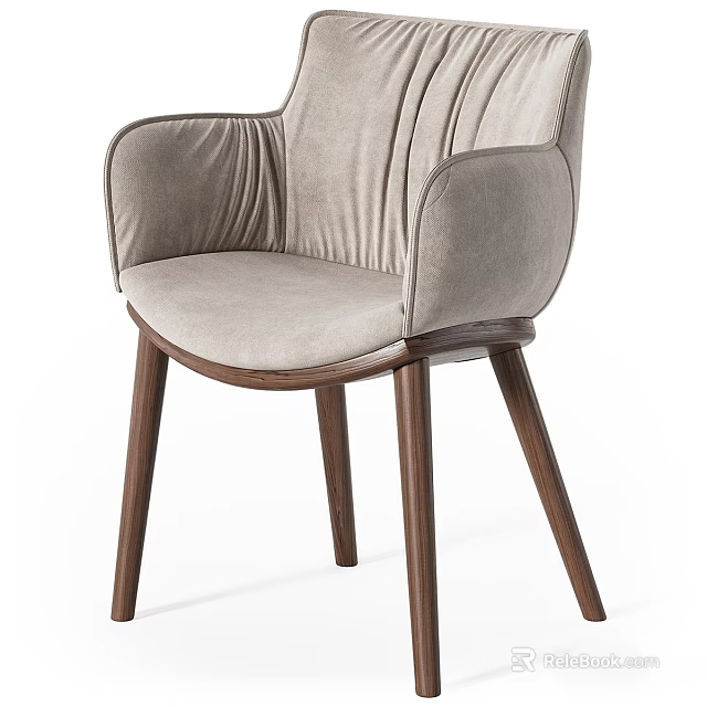 Modern Light Gray Padded Stool With Pleated Backrest Curved Armrests And Dark Brown Wooden Legs 3d model 