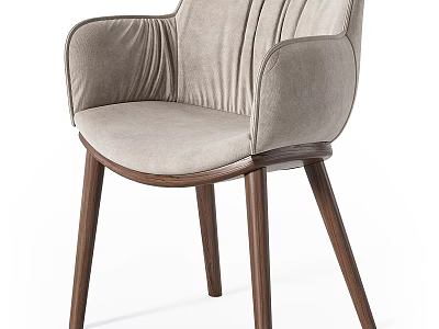 Modern Light Gray Padded Stool With Pleated Backrest Curved Armrests And Dark Brown Wooden Legs 3d model