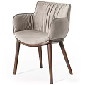 Modern Light Gray Padded Stool With Pleated Backrest Curved Armrests And Dark Brown Wooden Legs