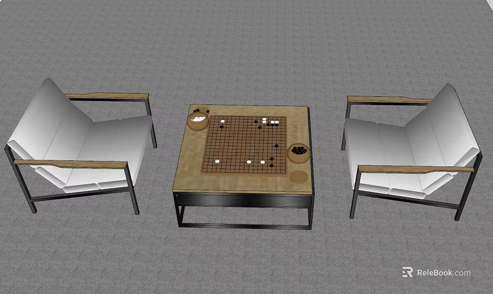 Brown Entertainment Table with Go Board Pieces and Two White Chairs 3d model