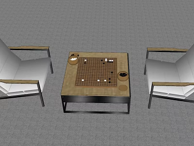 Brown Entertainment Table with Go Board Pieces and Two White Chairs 3d model