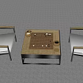 Brown Entertainment Table with Go Board Pieces and Two White Chairs 3d model