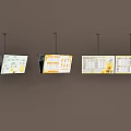 Three Hanging TVs With Menu Information Displays On Brown Wall Background