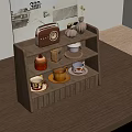 Wooden Multi tiered Shelf With Vintage Radio Vases Cups And Cupcake On Table