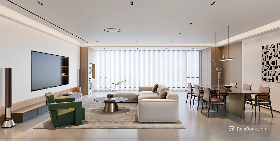 Modern Living and Dining Room With Sofa Coffee Table Dining Set And Large Windows 3d model 