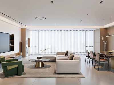 Modern Living and Dining Room With Sofa Coffee Table Dining Set And Large Windows 3d model