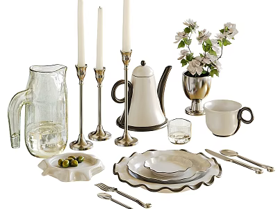 Stylish Dinnerware Set With Teapot Cups Plates Candlesticks And Flower Vase 3d model