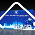 Blue Background Wall with City Skyline Silhouette and White Geometric Frame Promoting New Future Innovation